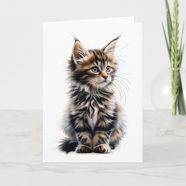 Fluffy Long-Haired Maine Coon Cat Blank Greeting Card (Front)