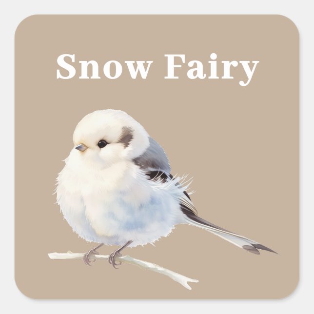Fluffy Long-Tailed Tit Bird on Branch Square Sticker (Front)