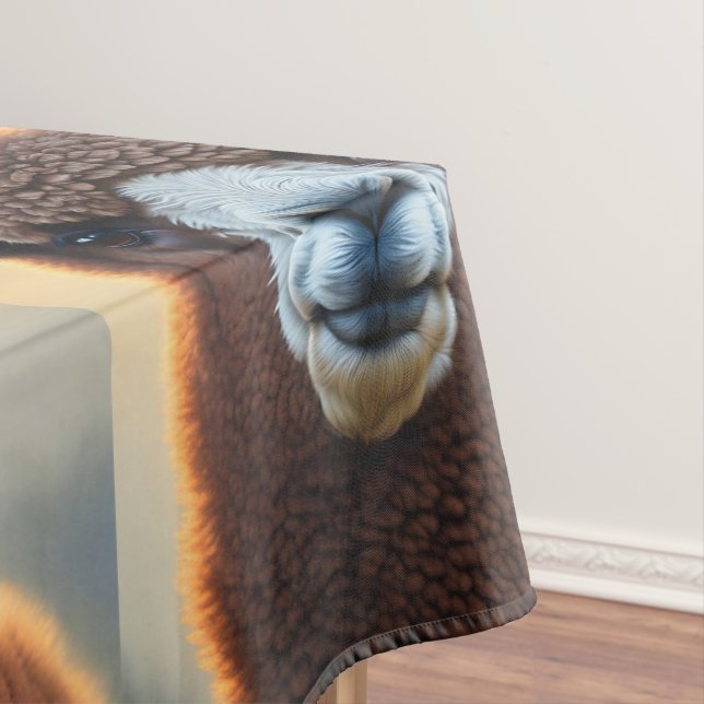 "Fluffy Majesty: The Big Woolly Brown Alpaca" Tablecloth (In Situ)