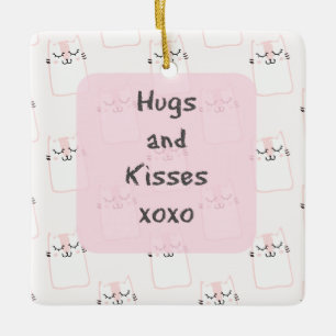 Fluffy Marshmallow Kitty in Pink Hugs and Kisses Ceramic Ornament
