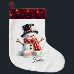 Fluffy Marshmallow Snowman  Large Christmas Stocking<br><div class="desc">Picture a delightful Christmas stocking featuring a cute, fluffy snowman crafted from marshmallows. Around his base, marshmallows with pink centres appear to melt. He sports a top hat and a polka-dotted scarf. The stocking is finished with a border that mimics sparkling glitter in a rich red, providing a lovely contrast....</div>