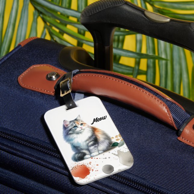 Fluffy Multi-Colour Cat Meow Luggage Tag (Front Insitu 1)
