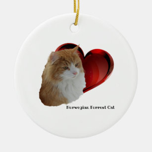 Fluffy Orange Norwegian Long Hair Forest Cat Heart Ceramic Ornament