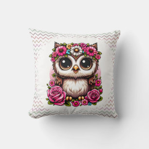 Fluffy Owl with Daisy & Rose Crown Throw Pillow
