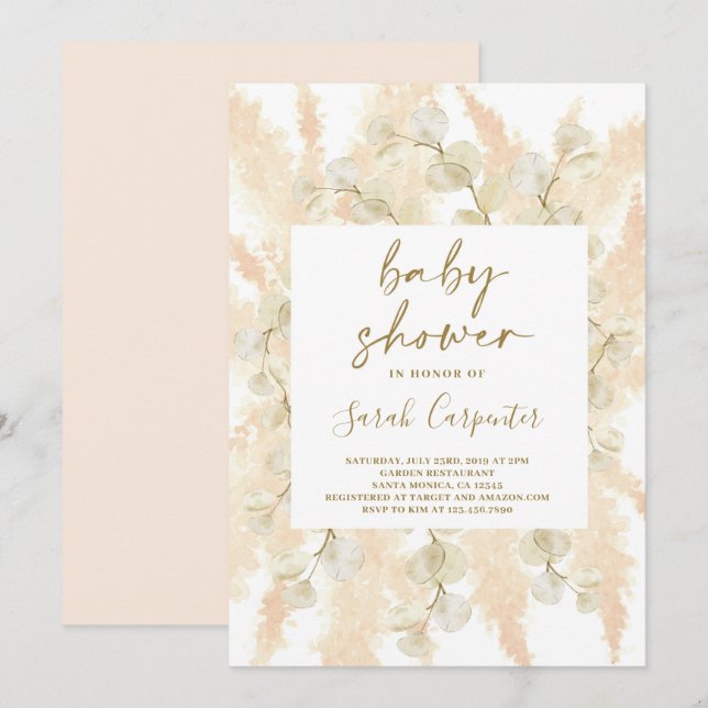 Fluffy Pampas lunaria Baby shower girl invitation (Front/Back)