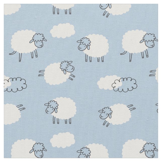 Fluffy Pastel Blue Lamb Pattern Fabric (Close Up)
