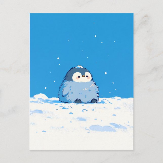 Fluffy Penguin Chick in Snowy Winter Landscape Postcard (Front)