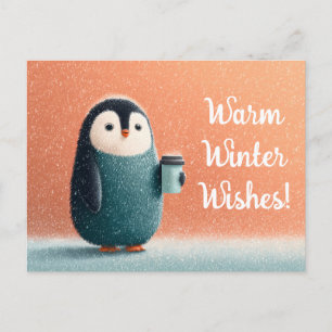Fluffy Penguin Holding Coffee Cup in a Snowstorm Postcard
