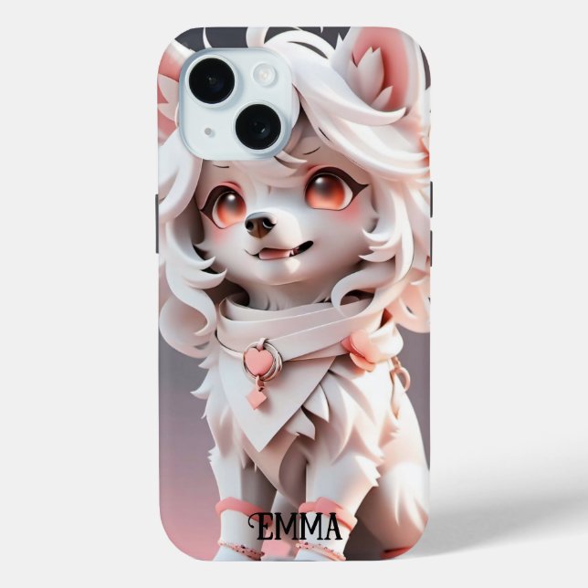 Fluffy Pink And White Puppy Kids Custom Name Case-Mate iPhone Case (Back)