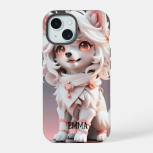 Fluffy Pink And White Puppy Kids Custom Name iPhone 15 Case