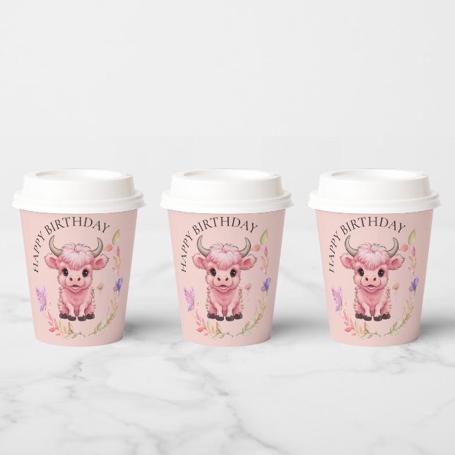 Fluffy Pink Highlands Scottish Cow Paper Cups (Multi)