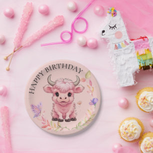 Fluffy Pink Highlands Scottish Cow Paper Plate