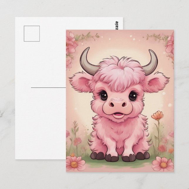 Fluffy Pink Highlands Scottish Cow Postcard (Front/Back)