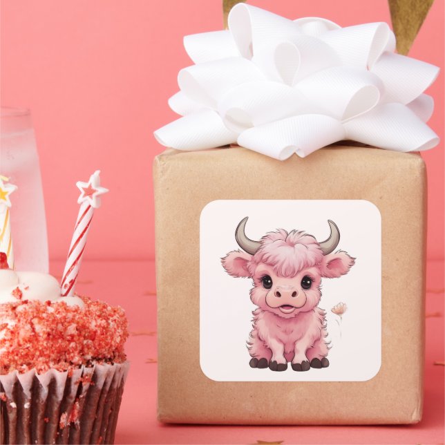 Fluffy Pink Highlands Scottish Cow Square Sticker (Party)