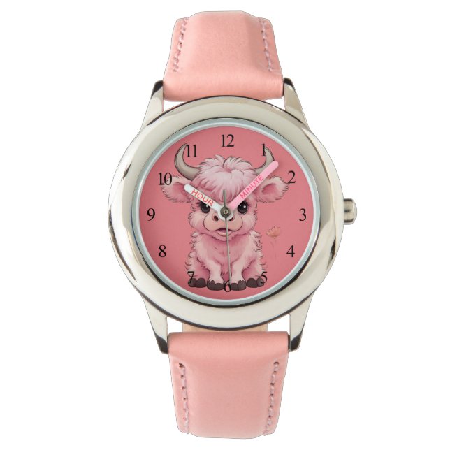 Fluffy Pink Highlands Scottish Cow Watch (Front)