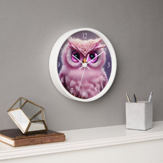Fluffy Pink Owl with Hearts Clock