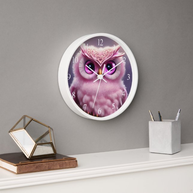 Fluffy Pink Owl with Hearts Clock (Office)