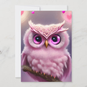 Fluffy Pink Owl with Hearts Holiday Card