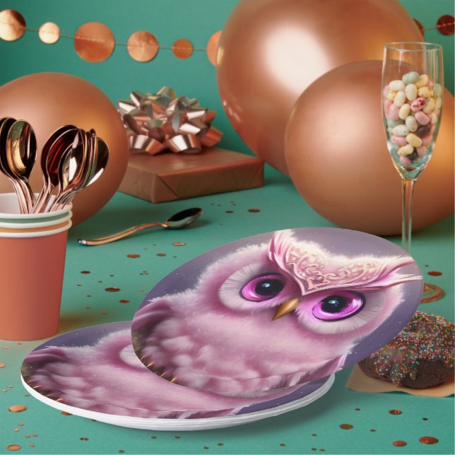 Fluffy Pink Owl with Hearts Paper Plate (Multi)