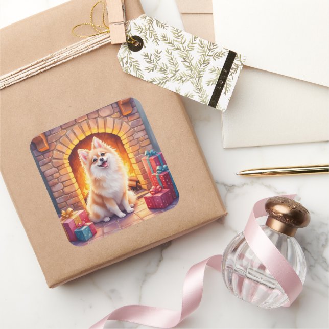 Fluffy Pomeranian Cozy Christmas Fireplace Dog Art Square Sticker (Gifting)