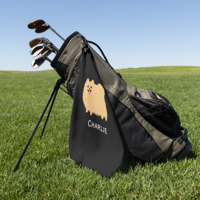 Fluffy Pomeranian Cute Dog with Custom Name Golf Towel (Green)