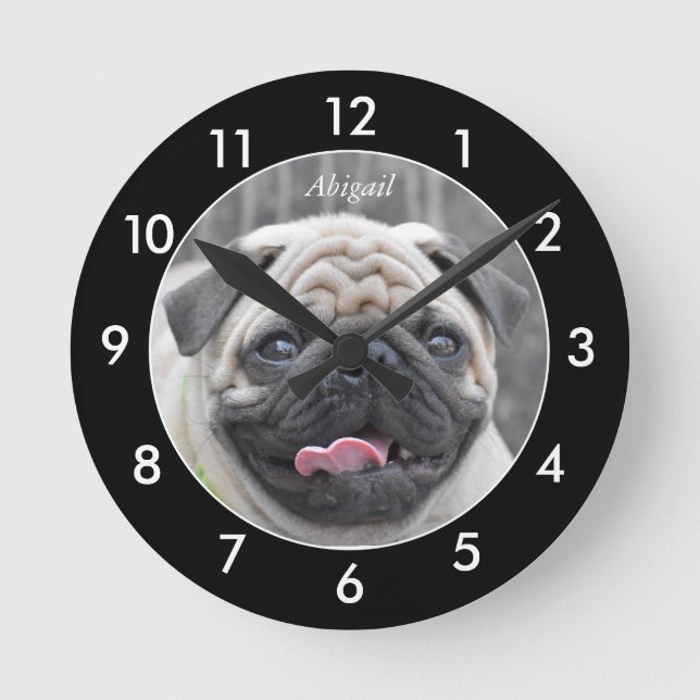 Fluffy Pug Dog Personalized Black Border Round Clock (Front)