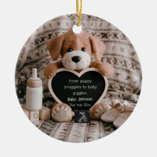 Fluffy Puppy Baby boy and pregnancy announcement Ceramic Ornament