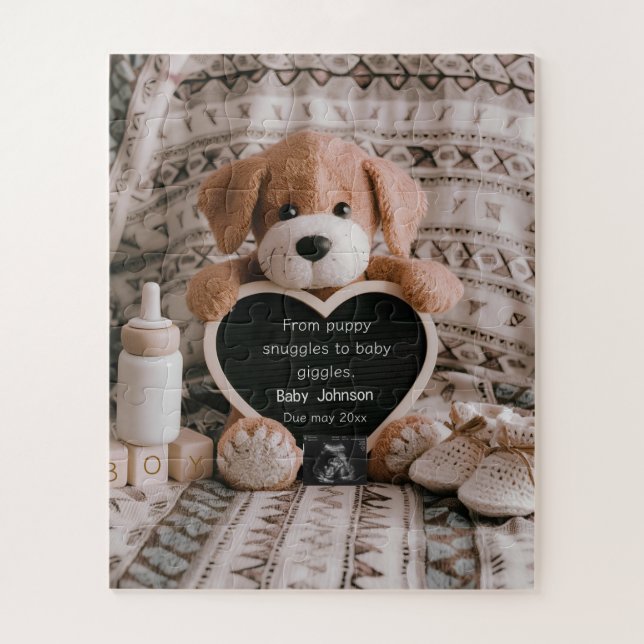 Fluffy Puppy Baby boy and pregnancy announcement Jigsaw Puzzle (Vertical)