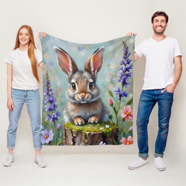 Fluffy Rabbit in a Field of Flowers Fleece Blanket (In Situ)