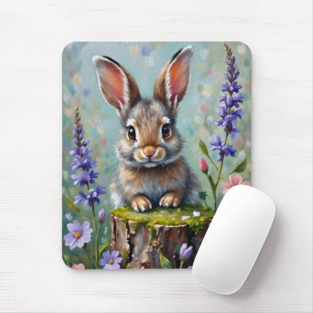 Fluffy Rabbit in a Field of Flowers Mouse Pad (With Mouse)