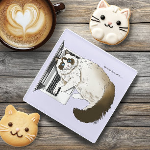 Fluffy Ragdoll Cat Lavender Laptop Funny Glass Coaster