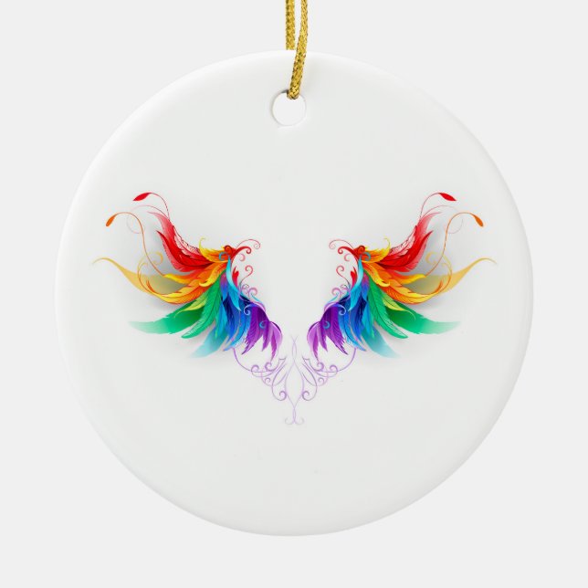 Fluffy Rainbow Wings Ceramic Ornament (Front)
