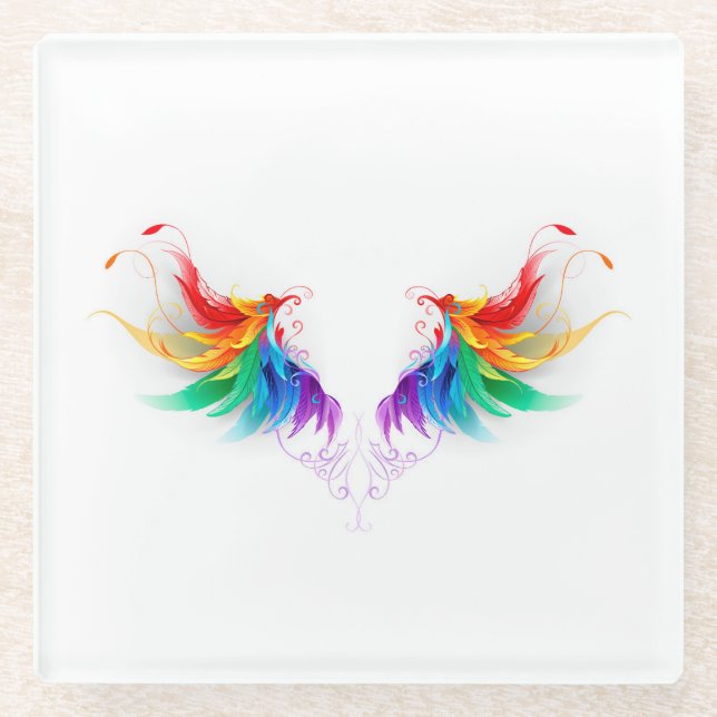 Fluffy Rainbow Wings Glass Coaster (Front)