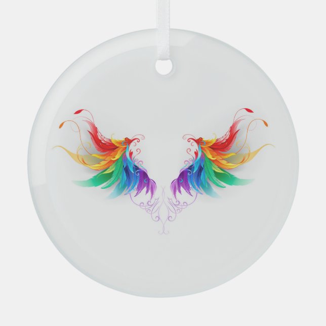 Fluffy Rainbow Wings Glass Ornament (Front)