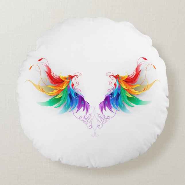 Fluffy Rainbow Wings Round Pillow (Front)