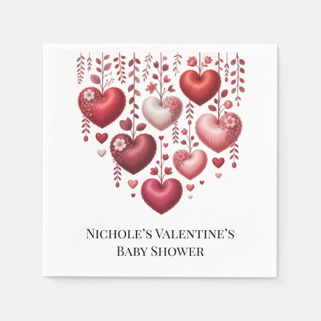Fluffy Red Floral Heart Baby Shower Napkin (Front)