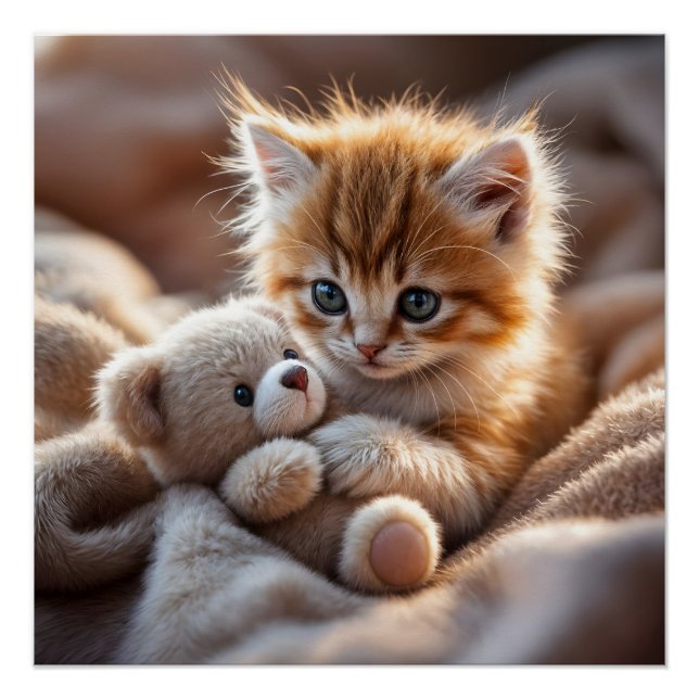 Fluffy red kitten playing with a tiny teddy bear,  poster (Front)