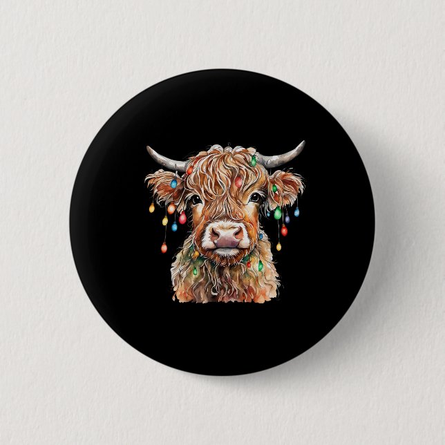 Fluffy Scottish Cow With Xmas Lights Christmas  2 Inch Round Button (Front)