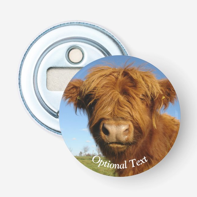 Fluffy Scottish Highland Cow - Blue Sky Bottle Opener (Front)