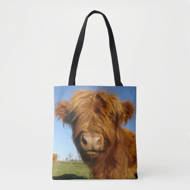 Fluffy Scottish Highland Cow - Blue Sky Tote Bag (Front)