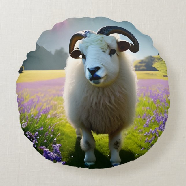 Fluffy Sheep field of purple flowers  Round Pillow (Front)