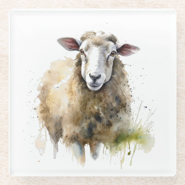 Fluffy Sheep in Pasture Glass Coaster (Front)