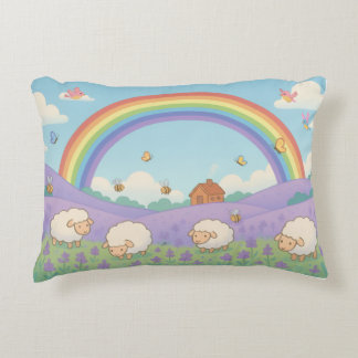 Fluffy Sheep Lavender Field Rainbow Art Accent Pillow