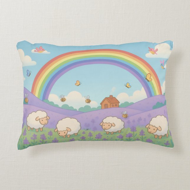 Fluffy Sheep Lavender Field Rainbow Art Accent Pillow (Front)