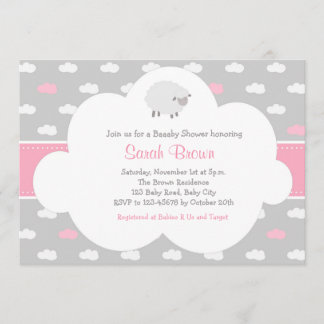 Fluffy Sheep with Cloud Invitation (Grey Pink)