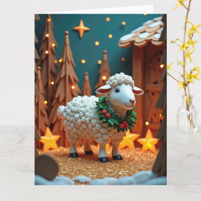 Fluffy Sheep with Wreath in Snowy Christmas Scene Card (Yellow Flower)