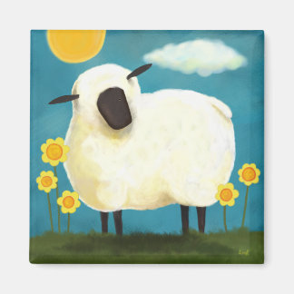 Fluffy Sheep & Yellow Flowers Art Magnet