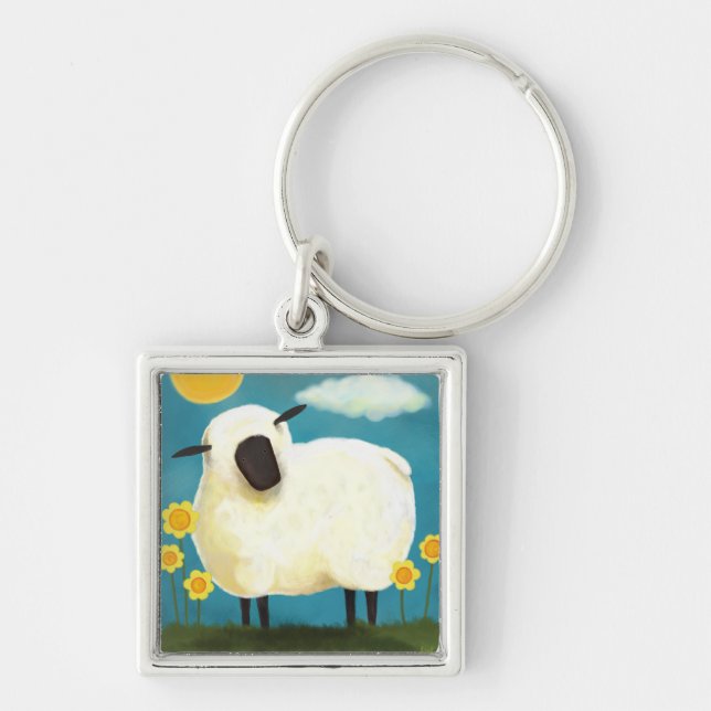 Fluffy Sheep & Yellow Flowers Keychain (Front)