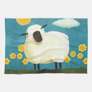 Fluffy Sheep & Yellow Flowers Tea Towel