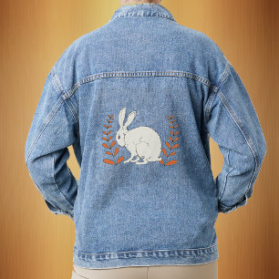 Fluffy Sitting White Bunny Orange Plants Denim Jacket